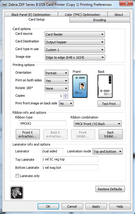 Recommended settings for Zebra printers